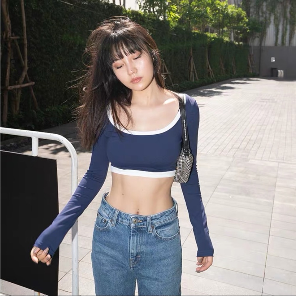 Navy White Trim Long Sleeve Crop Top